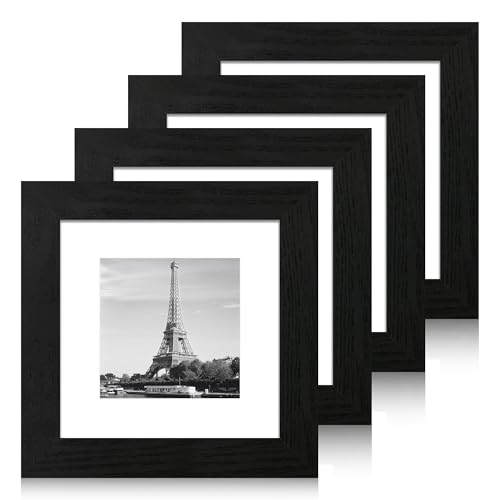 iRahmen 6x6 Picture Frame Set of 4 with High Definition Glass, Black Frames Display 4x4 Picture with Mat or 6 x 6 Without Mat, Square Wood Photo Frame for Wall Mount and Tabletop Display - color: Black Woodgrain, size: 6X6