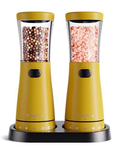 Electric Salt and Pepper Grinder Set with Storage Base, Stainless Steel Rechargeable Salt and Pepper Grinder Set with 4.5 oz Large Capacity, 1.8" Wide Mouth, Adjustable Coarseness, Ideal for Kitchen - color: Yellow