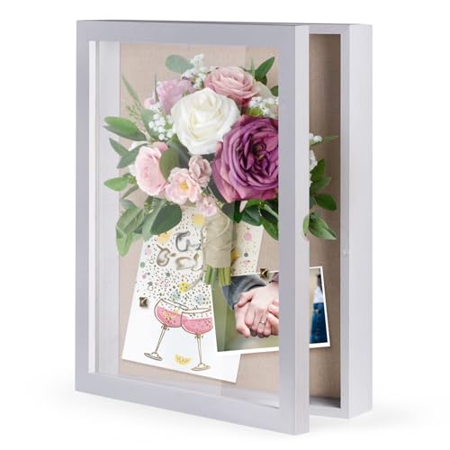 SZQINJI 11x14 Shadow Box Frame Memory Box with Glass Magnetic Door White | Flower Shadow Box, Display Case with Linen Back for Memorabilia Awards Medals Photos Rustic Black Wall and Tabletop - color: Rustic White, size: 11x14