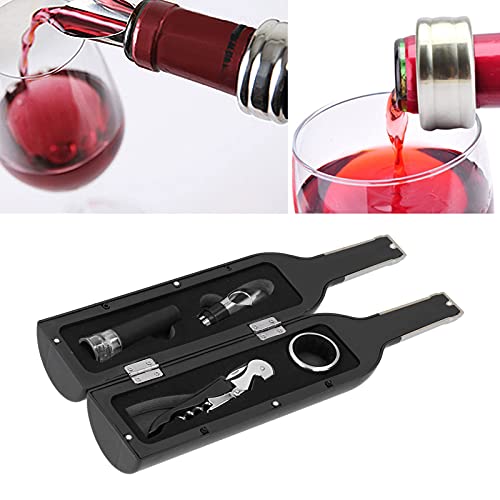 Black Wine Corkscrew Set, Wireless Bottle Opener Kit with Wine Stopper Pourer and Ring, Ergonomic Double - Hinge Cork Extractor in Bottle - Shaped Gift Box for Home Bar