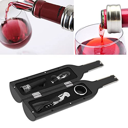 Black Wine Corkscrew Set, Wireless Bottle Opener Kit with Wine Stopper Pourer and Ring, Ergonomic Double - Hinge Cork Extractor in Bottle - Shaped Gift Box for Home Bar