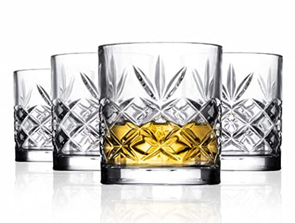Royalty Art Kinsley Whiskey Glasses, Set of 4, 10.6 oz Crystal Tumblers | Bourbon, scotch, whiskey, cocktails, distinctive Kinsley design, gift for enthusiasts - style: Lowball