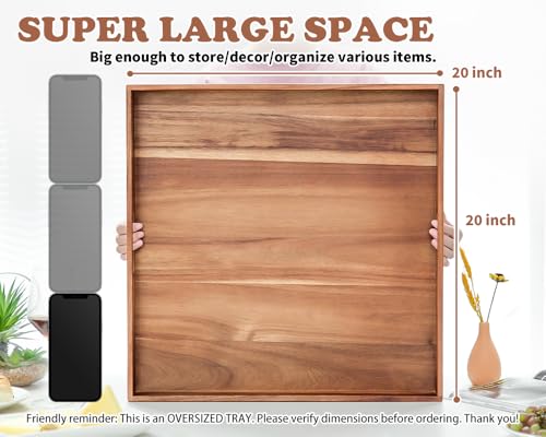 Large Ottoman Tray for Living Room, 20" Extra Large Wooden Tray for Ottoman Square Big Acacia Serving Trays with Handles for Coffee Table, Breakfast, Appetizers, Dinner - color: 20" Square Tray - Acacia