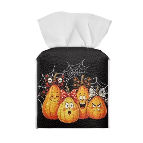 Funny Halloween Pumpkin Square PU Leather Tissue Box Cover | Halloween Decor Cube Facial Paper Spider Web Print Tissue Holder Napkin Organizer Dispenser with Bottom Belt - color: Cute Face Pumpkin Spider Web