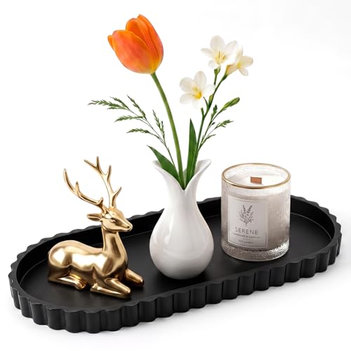 Silicone Bathroom Tray - 12''x5.3'' Oval Vanity Tray for Bathroom Countertop, Kitchen Countertop Tray with Scalloped Edge, Elegant Bathroom Holders and Organizers for Toilet Top, Bathtub Caddy, Black - color: Black, size: 12" x 5.3" x 0.8"