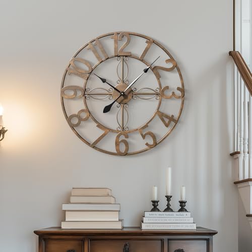 Cuspin 24 Inch Wall Clock Bronze, Large Rustic Decorative Metal Wall Clock with Arabic Numerals, Battery Operated Silent Non Ticking Round Analog Clock for Living Room, Bedroom, Kitchen, Office - color: Bronze Arabic Number, size: 24 Inch