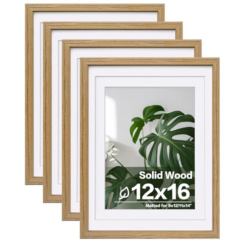 Egofine 12x16 Picture Frame with Plexiglass Made of Solid Wood, Display Pictures 9x12/11x14 with Mat or 12x16 Without Mat Set of 4 for Wall Mounting, Carbonized Brown - color: Carbonized Brown, size: 12x16