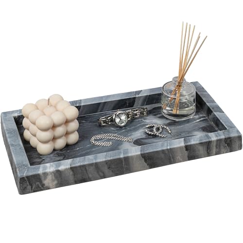 happimess Luxe Stone Rectangular Bathroom Tray 12" x 6", Black Marble | Polished Classic Minimalist Storage Decor, Display Coffee Table Serving Platter, Waterproof Scratch-Resistant - color: Black Marble