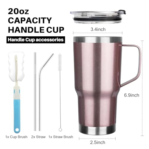 20 oz Tumbler with Handle, Stainless Steel Insulated Tumbler with Lid and Straw, Double Wall Vacuum Coffee Mug Tumbler, Insulated Coffee Thermal Cup for Cold and Hot (Rose gold) - color: Rose Gold, size: 20 Ounces