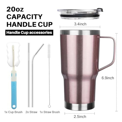 20 oz Tumbler with Handle, Stainless Steel Insulated Tumbler with Lid and Straw, Double Wall Vacuum Coffee Mug Tumbler, Insulated Coffee Thermal Cup for Cold and Hot (Rose gold) - color: Rose Gold, size: 20 Ounces