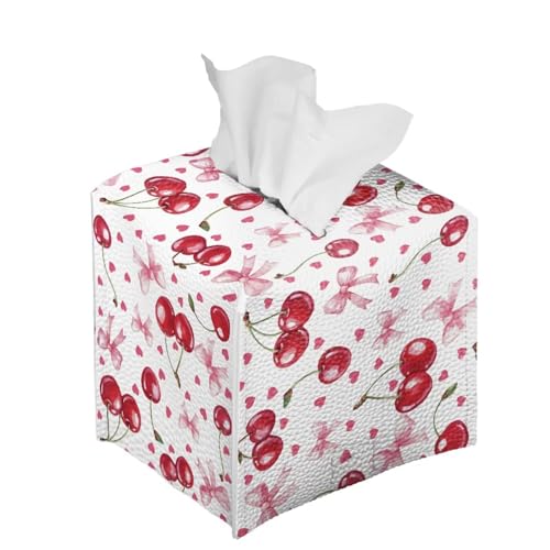 Cherry Heart Tissue Box Covers Leather PU Facial Paper Organizers Dispenser Foldable Square Facial Tissue Case for Tabletop Bathroom Night Stand - color: Cherry Heart