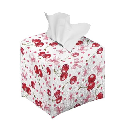 Cherry Heart Tissue Box Covers Leather PU Facial Paper Organizers Dispenser Foldable Square Facial Tissue Case for Tabletop Bathroom Night Stand - color: Cherry Heart