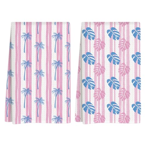 Summer Kitchen Towels, Summer Kitchen Bathroom Decor, Housewarming Gifts, Palm Tree Monstera Leaf Waffle Decorative Dish Hand Towel for Holiday Bathroom Home Bar Baking Set of 2 14x24 Inch - color: Palm Tree Monstera Leaf