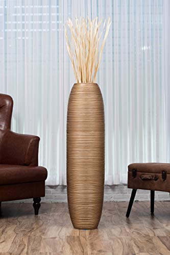 LEEWADEE Large Floor Vase – Handmade Flower Holder Made of Wood, Sophisticated Vessel for Decorative Branches and Dried Flowers, 43 inches, Golden | Decorative Vase for Living Room, for Branches & Dried Herbs. Stronger than ceramic, without water. Bohemia