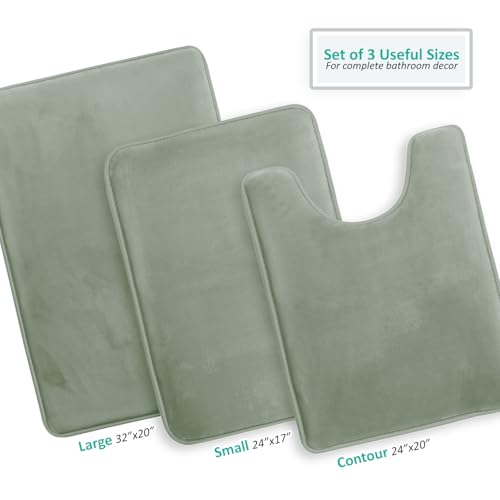 Clara Clark 3 Piece Bathroom Rugs, Velvet Memory Foam Bath Mat Set, Non-Slip Bath Rugs, Machine Wash, Dries Quickly, Ultra Soft Plush Bath Mats for Bathroom, 17 x 24/20 x 32 / Contour, Ice Green - color: Ice Green
