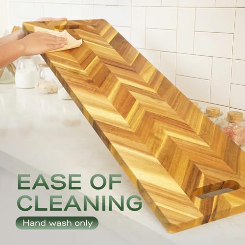 Howizz Solid Acacia Wood 36"x12" Extra Large Charcuterie Board with Handles, Grazing Board Serving Board Herringbone Chevron Serving Tray for Bread, Meat, Appetizers, Kitchen Cutting Board - color: Premium Herringbone, size: 36"L x 12"W
