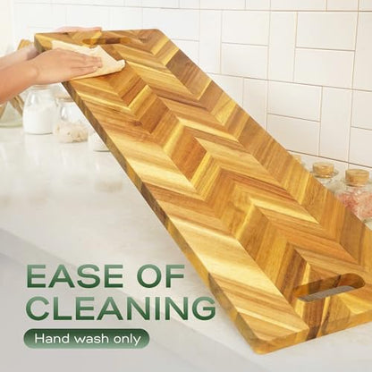 Howizz Solid Acacia Wood 36"x12" Extra Large Charcuterie Board with Handles, Grazing Board Serving Board Herringbone Chevron Serving Tray for Bread, Meat, Appetizers, Kitchen Cutting Board - color: Premium Herringbone, size: 36"L x 12"W