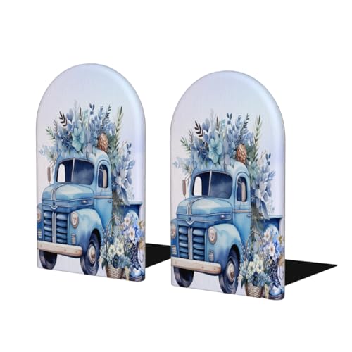 Blue Flowers Truck 2Pcs Book Ends for Shelves Non-Skid Wood Bookends Decorative Back to School Books Holders Book Stoppers Bookshelf Accessories for Desk Home Office School Decor (1 Pair) - color: Blue Flowers Truck