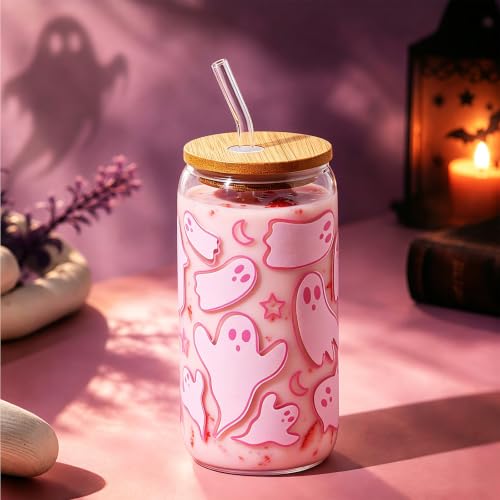 Halloween Ghost Gift for Women Pink Glass Cup with Lid and Straw | Fall Cute Ghost Iced Coffee Glass Tumbler Mug Goth Gifts for Halloween Party Girls Women Presents for Teens Stuff 16oz - style: Pink Ghost