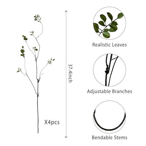 4 Pcs Artificial Greenery Stems Faux Branches for Vase, 37.4 Inch Artificial Eucalyptus Stems for Vase Filler Faux Plants Indoor for Centerpieces Home Decor