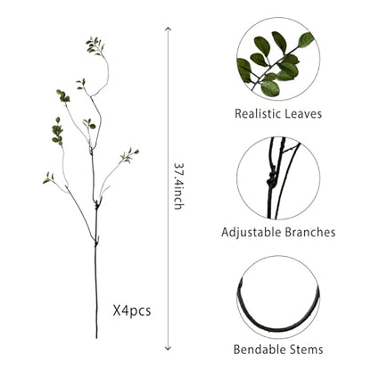4 Pcs Artificial Greenery Stems Faux Branches for Vase, 37.4 Inch Artificial Eucalyptus Stems for Vase Filler Faux Plants Indoor for Centerpieces Home Decor