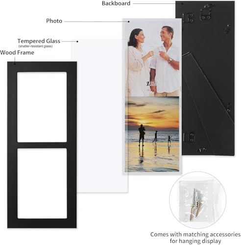 7x5 2-Opening Collage Picture Frame Black Wood | Two 5x7 openings, shatter-resistant glass, tabletop & wall mounting - size: 7x5 - 2 Opening