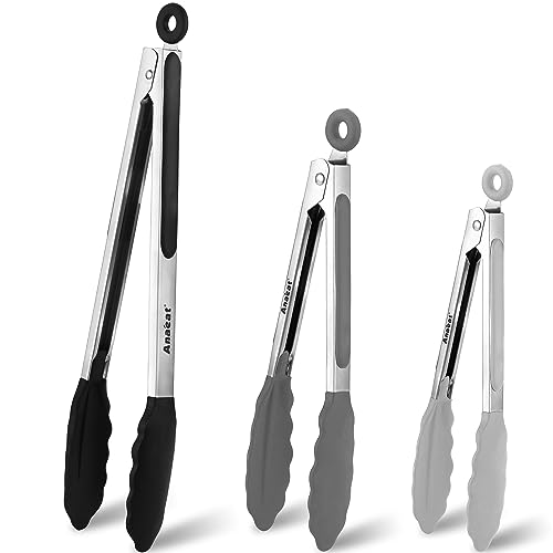 Anaeat Non-Stick Silicone Locking Tong Set of 3 - Stainless Steel 7, 9 and 12 inch Kitchen Food Tongs with Non-Slip Silicone Tips and Grip for Cooking, Baking and BBQ - Heavy Duty & Heat Resistant - color: 3 Pcs Silicone - Grey, Black, White, size: 7+9+12