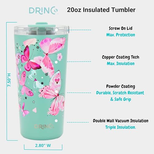 Drinco - 20 oz Stainless Steel Tumbler | Double Walled Vacuum Insulated Mug With Lid, 2 Straws, For Hot & Cold Drinks (20oz Butterfly) - color: 20oz Butterfly