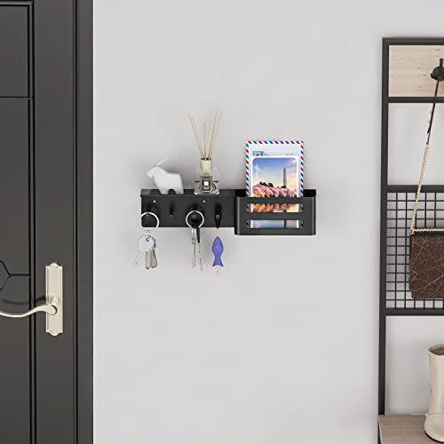 MKO Key Holder Wall Mount, Adhesive Key Hanger with 4 Hooks for Wall, Black | Metal Material, Key Rack with Shelf, Wall Mount, Mail Organizer Tray, Suitable for Entryway, Hallway, Living Room - color: Black with Shelf
