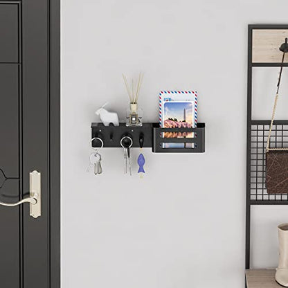 MKO Key Holder Wall Mount, Adhesive Key Hanger with 4 Hooks for Wall, Black | Metal Material, Key Rack with Shelf, Wall Mount, Mail Organizer Tray, Suitable for Entryway, Hallway, Living Room - color: Black with Shelf