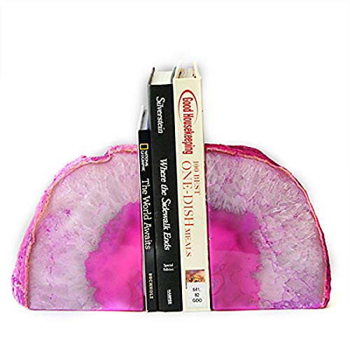 JIC Gem Dyed Pink Agate Geode Bookends Decorative for Shelves to Hold Books | 1 Pair 3-4 LBS,Heavy Duty Gemstone Stoppers with Non-Skid Rubber Bumpers,Cute Stone Bookends for Table Decor Gift Brazilian - color: Pink Dyed, size: 3-4LBS.