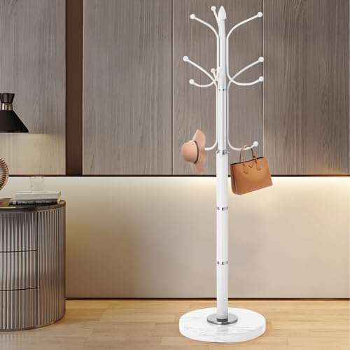 Coat Rack Stand,White Metal Coat Rack Freestanding with 12 Hooks | Modern Coat Rack with Natural Marble Base,Heavy Duty Coat Hanger Stand, Coat Hall Clothes Tree Stand for Office,Bebroom - color: White-12Hooks