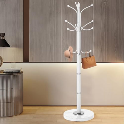 Coat Rack Stand,White Metal Coat Rack Freestanding with 12 Hooks | Modern Coat Rack with Natural Marble Base,Heavy Duty Coat Hanger Stand, Coat Hall Clothes Tree Stand for Office,Bebroom - color: White-12Hooks