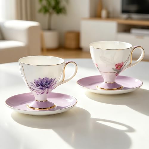 KAMMAK Tea Cups Set of 2,Ceramic Floral Pattern Demitasse Cup | Porcelain Espresso Cup with Saucer, 8.45 oz Handmade Elegant Bone China Tea Cups for Latte, Americano, Cappuccino - color: Water Lily & Winter sweet