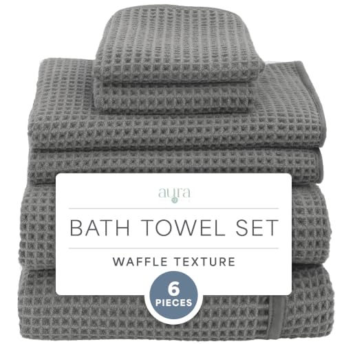 S&T INC. Aura Waffle Bath Towel Set, 6 Pieces, Grey | 2 Bath Towels, 2 Hand Towels, 2 Wash Cloths, Absorbent Microfiber, Quick-Dry and Lightweight, 420GSM - color: Grey