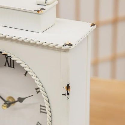 Vintage Mantel Clock, Large Rustic Distressed Metal Table Clock with Handle, Silent Non-Ticking Quartz Movement, Whitewashed Fireplace Shelf Desk Clock for Living Room Bedroom Office - style: White Clock