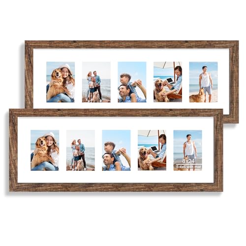 Hongkee 8x24 Picture Frame 2 Pack, Rustic Brown Wood Frame with Tempered Glass, Display Pictures Multiple Five 4x6 With Mat or 8 x 24 Without Mat - Horizontal or Vertical Wall Mounting - color: Rustic Brown, size: 8x24 in matted to 5-4x6