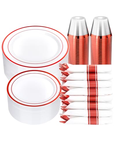 350 Piece Red Plastic Dinnerware Set for 50 Guests | Disposable Dinnerware Includes: 50 Dinner Plates, 50 Dessert Plates, 50 Pre Rolled Napkins with Silverware, 50 Cups - color: White Red, style: 350 Piece (50 guests)