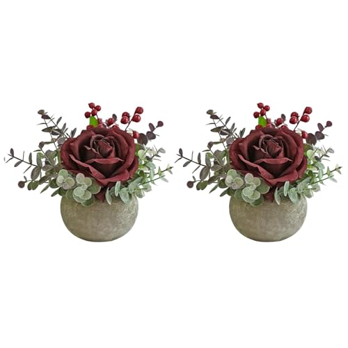 Small Artificial 2pcs Burgundy Rose Potted Plant, 6" Fake Silk Flowers in 3.5" Round Pot, Mini Faux Floral Arrangement for Desk Shelf Bathroom Decor - color: 2pcs Burgundy