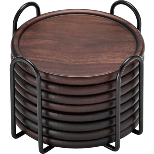 Wood Coasters with Metal Holder, GOH DODD Set of 8 Walnut Wooden Coaster Tabletop Protection for Drinks Coffee Table Home Kitchen Office Bar Living Room Decor Housewarming Gifts Wedding Party, 4 Inch - color: 8 Pieces Coasters With Metal Holder