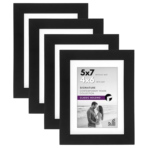 Americanflat 5x7 Picture Frame 4-Pack - Matted to 4x6 - Black | Engineered Wood construction, Shatter-resistant glass, wall or tabletop display with included easel, use with or without mat - color: Black, size: 5x7, style: 4 Pack
