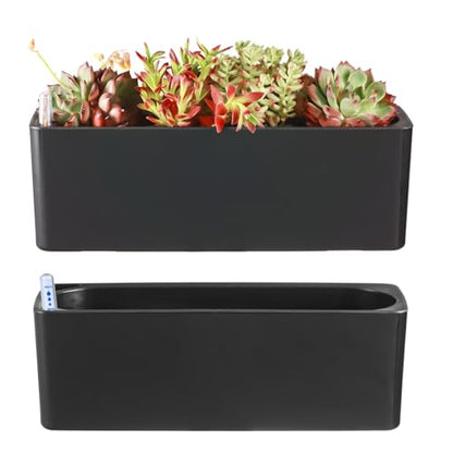 2 Pack Rectangular Self Watering Planter 15.6 x 5.4 in Window Sill Planters Indoor Rectangle Planter Self Watering Pots Plastic Plant pots with Drainage Holes Black Flower Pot (Black) - color: Black
