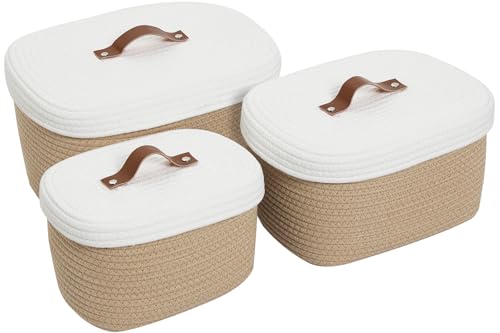 Set of 3 Nesting Woven Storage Baskets with Lids, Cotton Rope Decorative Basket Set for Shelf Closet Living Room Organizing, Rectangular Beige & White - color: Beige/White Lid, size: 12”x8”x7”-10.5”x7”x6.3”-9.5”x6”x5.5”