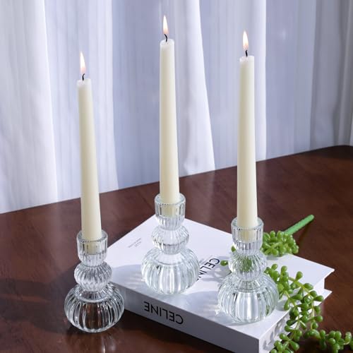 Woho 3pcs Clear Taper Candle Holders 4.3" H, Ribbed Candlestick Holders | Set of 3 Vintage Candle Sticks Holder Decor for Thanksgiving Christmas, Ribbed Glass Candlestick Holders for Daily Home Decor - color: Clear
