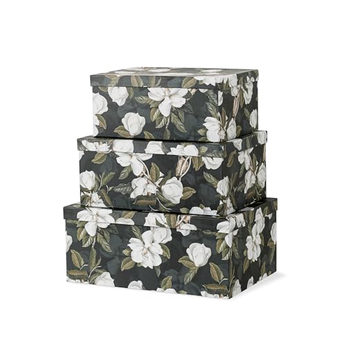Soul & Lane - Midnight Gardenia Decorative Boxes with Lids, Set of 3, Black | Large Nesting Paperboard Storage Boxes for Keepsakes, Photos and Gifts, Dramatic Dark Green Floral Design Containers - color: Midnight Gardenia