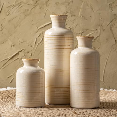 Ceramic Vases Set of 3, Minimalist Decorative Flower Vases for Farmhouse Home Decor, Table Shelf Mantel, Living Room, Entryway, Kitchen Centerpiece – Minimalist Neutral