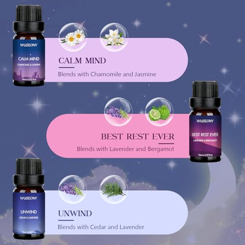 WUSEONY Sleep Essential Oils Set for Diffusers for Home, Set of 6 Essential Oil Blend Aromatherapy - Eucalyptus, Jasmine, Orange, Lavender, Cedar, Mint - color: Sleep