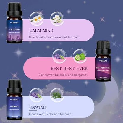 WUSEONY Sleep Essential Oils Set for Diffusers for Home, Set of 6 Essential Oil Blend Aromatherapy - Eucalyptus, Jasmine, Orange, Lavender, Cedar, Mint - color: Sleep