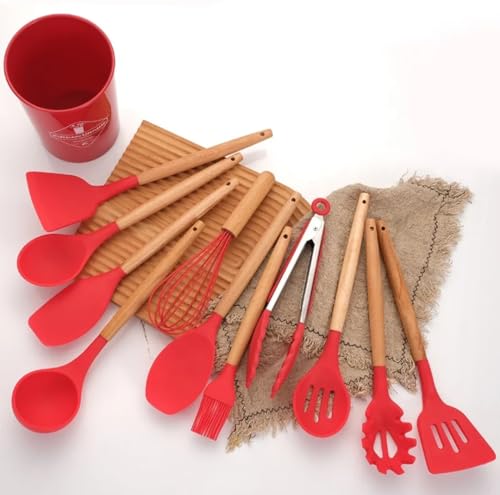 11 Piece Silicone Kitchen Utensil Set with Holder Heat Resistant Non Stick Cooking Tools with Wooden Handles Spatula Spoon Pasta Server Tongs Whisk Brush Black (Red) - color: Red