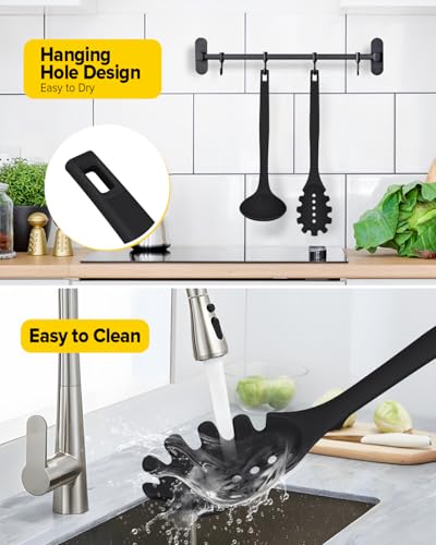 Silicone Pasta Fork and Soup Ladle Set, Heat Resistant Non Stick Kitchen Utensils with Back Hooks, Suitable for Cooking, Stirring, Serving Spaghetti, Soup, Sauce (BLACK) - color: Black